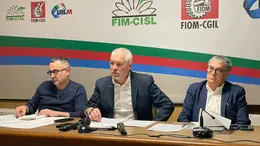 I segretari generali di Fim Fiom e Uilm, Ferdinando Uliano, Michele De Palma e Rocco Palombella
