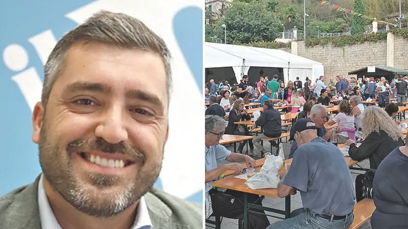 Il sindaco Marco Schiesaro e, a destra, una delle numerose sagre dei Colli Euganei, sempre molto affollate