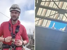 Tommaso Enzo Andreuzza e, a destra, la sezione di tetto crollata