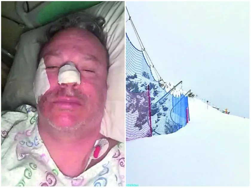 A sinistra l’avvocato Umberto Giovannoni in ospedale a Trento; a destra la pista nera “Diego” in Val di Fassa