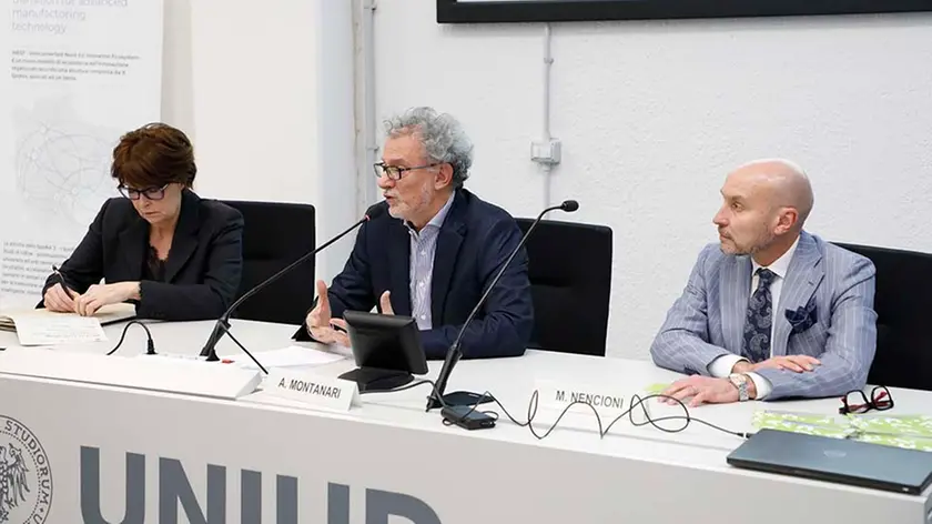 L’assessore regionale Alessia Rosolen, il rettore Angelo Montanari e il direttore di Confindustria Udine, Michele Nencioni