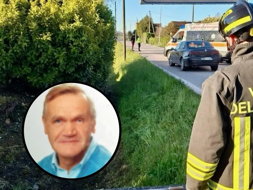 L'intervento dei vigili del fuoco sul luogo dell'incidente mortale, nel tondo la vittima: Luigi Rosso