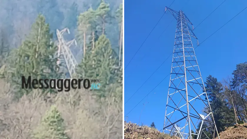 A sinistra il traliccio danneggiato a Terzo di Tolmezzo, a destra il traliccio dopo il ripristino