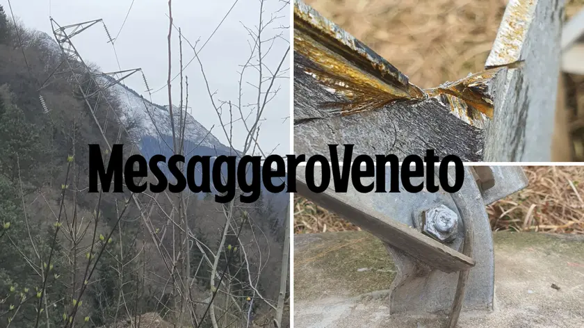Il traliccio in bilico tra la boscaglia a Terzo di Tolmezzo e, a destra, i segni del danneggiamento foto Petrussi