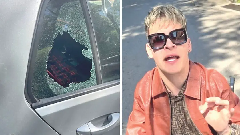 A sinistra il finestrino dell’auto sfondato dai ladri, a destra l’influencer Riccardo Aldighieri