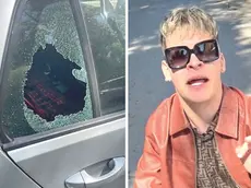 A sinistra il finestrino dell’auto sfondato dai ladri, a destra l’influencer Riccardo Aldighieri