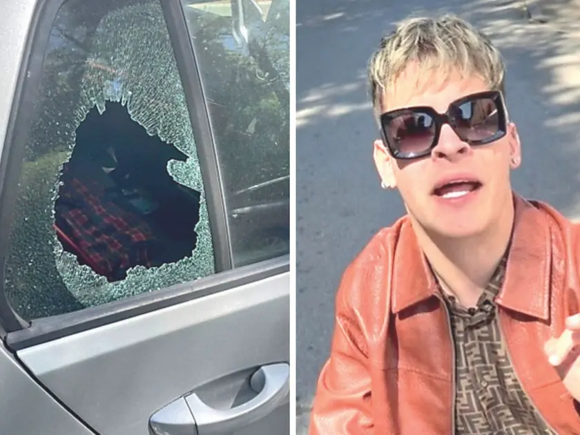 A sinistra il finestrino dell’auto sfondato dai ladri, a destra l’influencer Riccardo Aldighieri