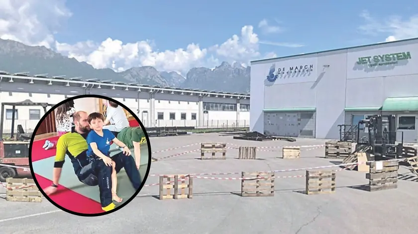 Nella foto grande l’area del piazzale della De March meccanica posta sotto sequestro. Nel tondo, Papà Gabriele De March con il piccolo Lucas