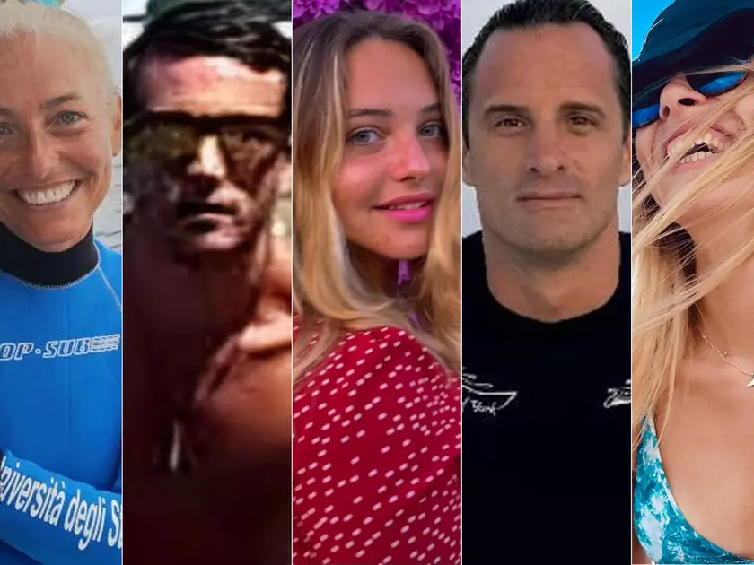 Da sinistra Monica Montefalcone, Federico Gualtieri, Giorgia Sommacal, Gianluca Benedetti e Muriel Oddenino, scomparsi in un'immersione alle Maldive