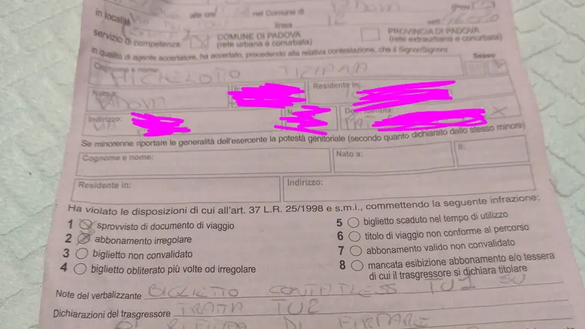 La multa ricevuta dalla residente di Selvazzano che ha comprato il biglietto sbagliato