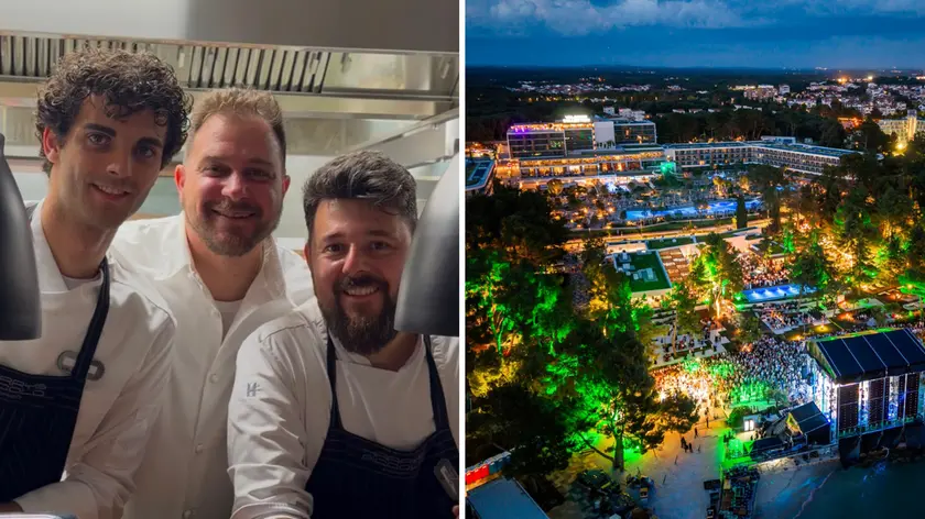 Matteo Metullio al centro in foto, a sinistra il sous chef Filippo Bellasio e a destra Goran Hrastovčak, il resident chef. A destra la festa al Pical