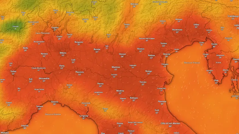 Le temperature previste nel weekend (Windy)