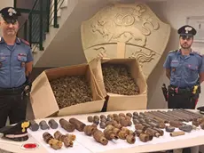 I carabinieri di Feltre con l'arsenale da guerra e la droga sequestrati nel corso dell'operazione di sabato scorso