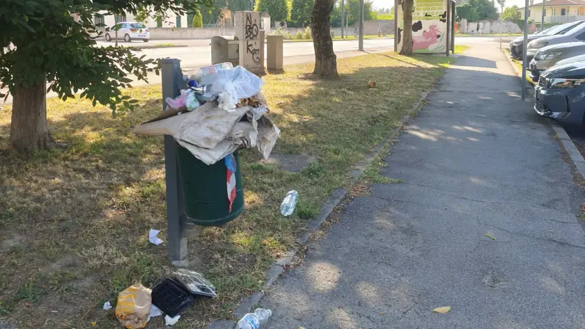 Uno dei cestini sempre pieni nel quartiere Alpini di Vigonza