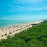 Una veduta aerea dall'alto della spiaggia di Cavallino piena di turisti con alle spalle la caratteristica pineta