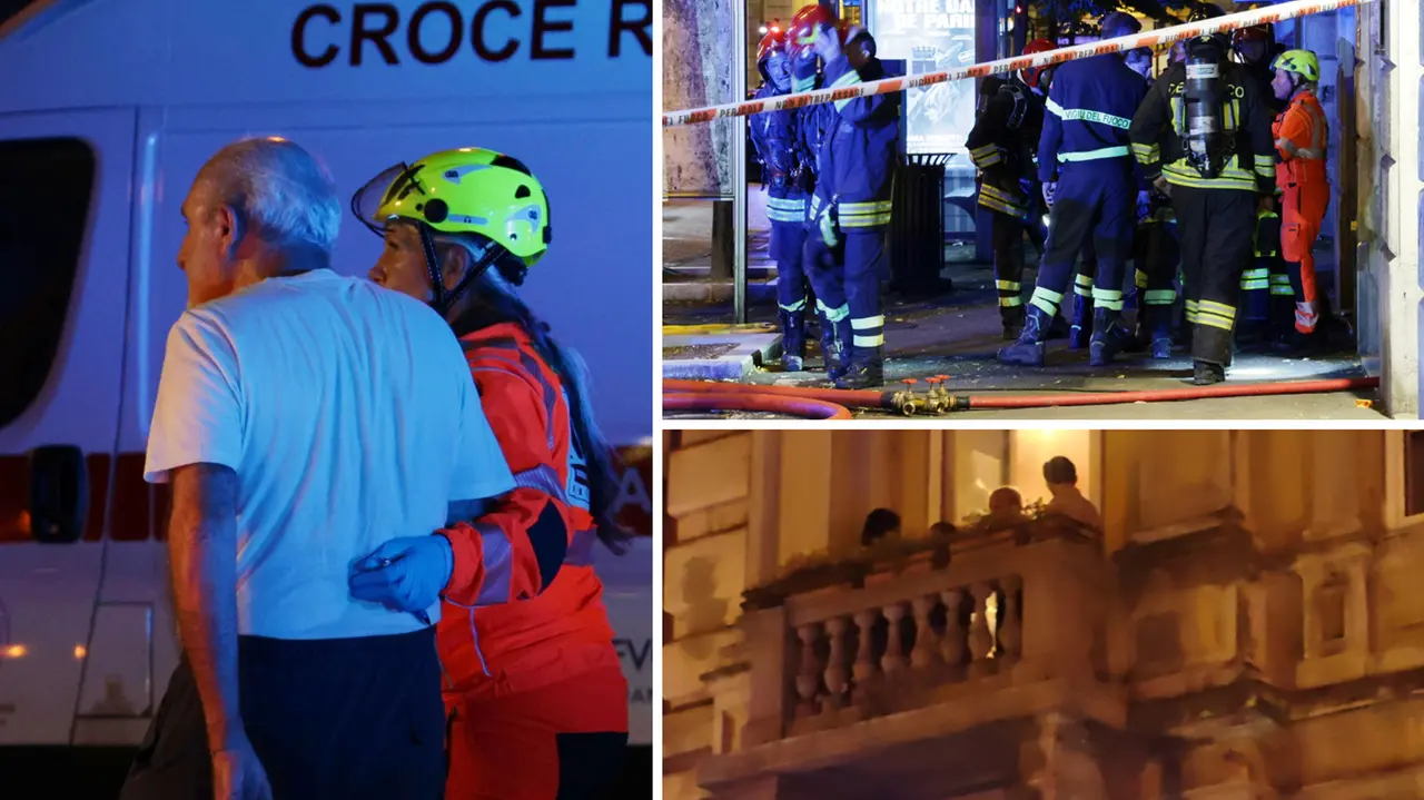 A sinistra un anziano soccorso, a destra in alto i pompieri sul posto, in basso le fiamme nell’appartamento (fotoservizio Andrea Lasorte)