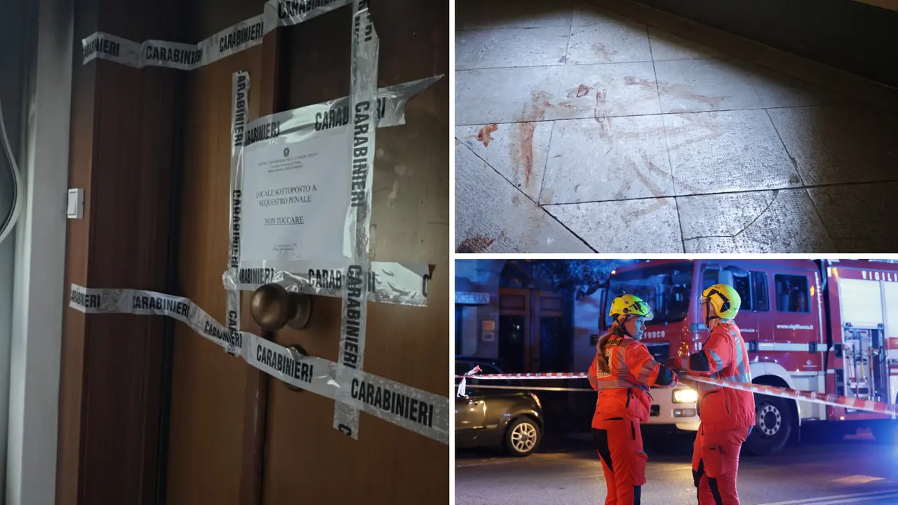 A sinistra l’appartamento sotto sequestro, a destra in alto le tracce di sangue, in basso i soccorsi venerdì sera in via Battisti (fotoservizio Andrea Lasorte)