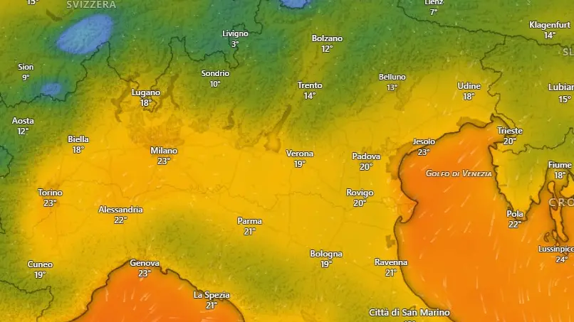 Le temperature previste per mercoledì 22 luglio (Windy)