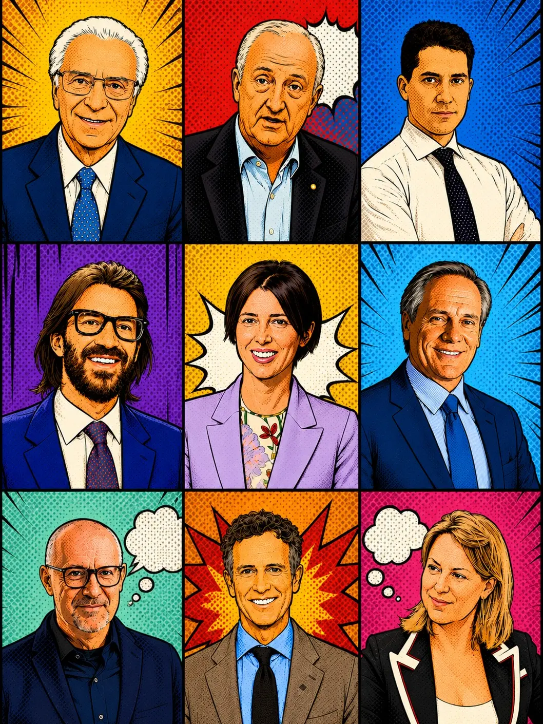 Dall’alto, da sinistra: Marcello Cestaro, Dario Brendolan, Giacomo Mareschi Danieli, Leonardo Maria Del Vecchio, Camilla Benedetti, Fabio de’ Longhi, Sandro Veronesi, Alessandro Benetton, Anna Mareschi Danieli