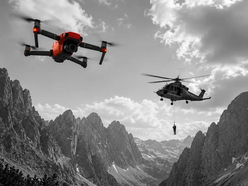 Un drone in volo durante un intervento del soccorso alpino (immagine generata con l'intelligenza artificiale)