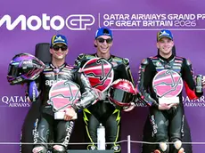 Il podio del triplete dell’Aprilia nel Gran Premio di domenica scorsa a Silverstone