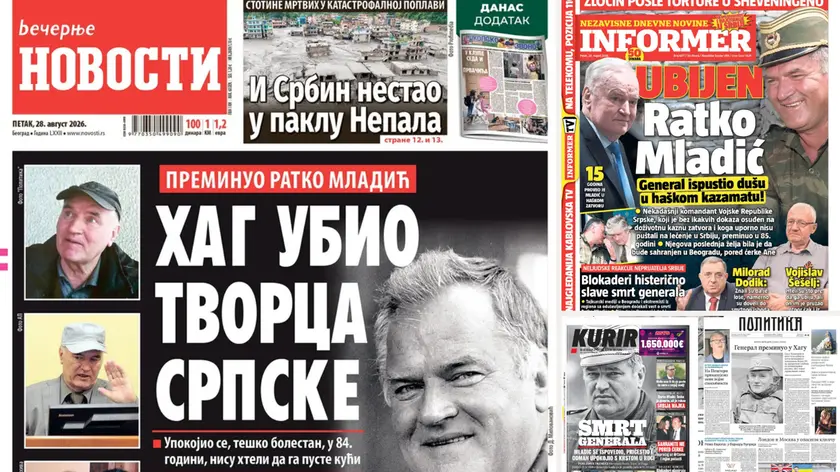 Le prime pagine dei quotidiani serbi dedicate alla morte di Ratko Mladić: «L’Aia ha ucciso il creatore della Republika Srpska» titola Večernje novosti, mentre Informer apre con «Ucciso Ratko Mladić» e accusa il tribunale dell’Aia di avergli «tolto l’anima».
