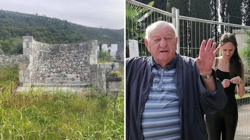 A sinistra il muro perimetrale che rimane della chiesetta, a destra il parroco don Ambrož Kodelja