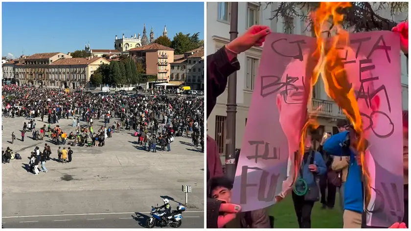 La manifestazione in Prato della Valle e la foto del ministro Valditara data alle fiamme (foto Agenzia Bianchi)