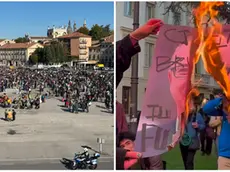 La manifestazione in Prato della Valle e la foto del ministro Valditara data alle fiamme (foto Agenzia Bianchi)