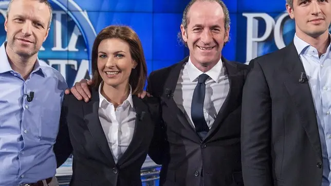Foto Roberto Monaldo / LaPresse.02-04-2015 Roma .Politica.Trasmissione "Porta a Porta".Nella foto Flavio Tosi, Alessandra Moretti, Luca Zaia, Jacopo Berti..Photo Roberto Monaldo / LaPresse.02-04-2015 Rome (Italy).Tv program "Porta a Porta".In the photo Flavio Tosi, Alessandra Moretti, Luca Zaia, Jacopo Berti.