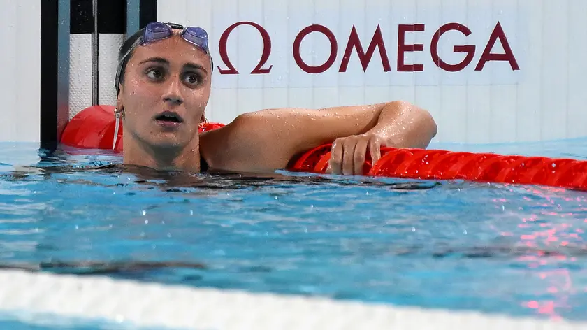 Italian Simona Quadarella reacts after the Women's 1500m Freestyle final of the Swimming competitions during the Paris 2024 Olympic Games at the Paris La Defense Arena in Paris, France, 31 July 2024. Summer Olympic Games will be held in Paris from 26 July to 11 August 2024. ANSA/ETTORE FERRARI
