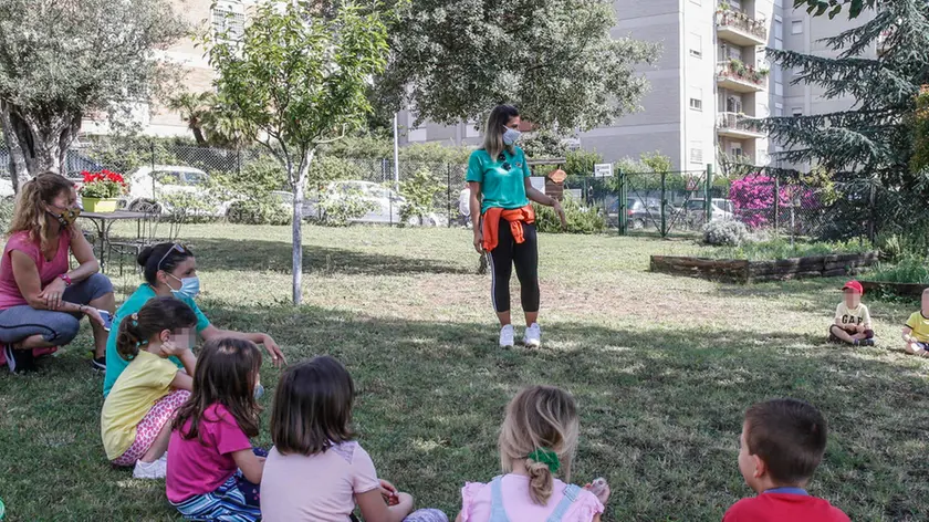 Alcuni bambini partecipano al centro estivo organizzato in un parco dalla scuola per l'infanzia ''In Crescendo'', Roma 15 giugno 2020. ANSA/FABIO FRUSTACI