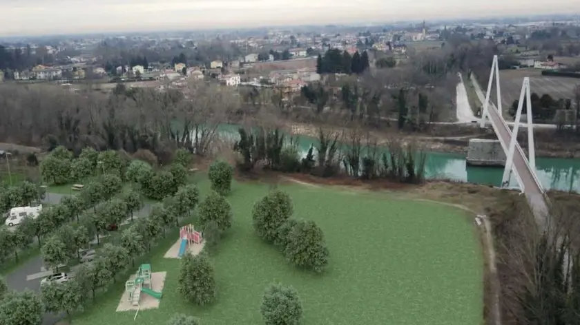 Il rendering del progetto lungo il Brenta, a ridosso del ponte dell’Ostiglia a Campo San Martino
