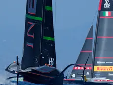 epa11562749 The British ship INEOS Britannia (L) and the Italian Luna Rossa Pirelli in action during the Louis Vuitton Preliminary Regatta of the 37th America's Cup, in Barcelona, Spain, 24 August 2024. EPA/Siu Wu