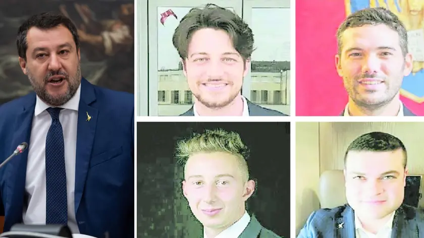 Matteo Salvini e in alto da sinistra Alberto Stefani e Andrea Tomaello. Sotto, Stefano Baraldo e - a destra - Erik Pretto