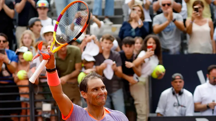Rafael Nadal of Spain celebrates after winning his men's singles 1st round match against Zizou Bergs of Belgium (not pictured) at the Italian Open tennis tournament in Rome, Italy, 09 May 2024 ANSA/FABIO FRUSTACI