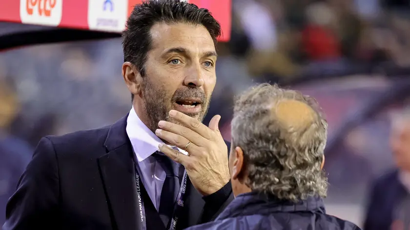epa11721434 Italy's national team delegation head Gianluigi Buffon looks on ahead of the UEFA Nations League soccer match between Belgium and Italy in Brussels, Belgium, 14 November 2024. EPA/OLIVIER MATTHYS