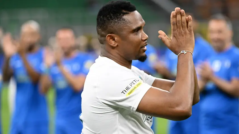Samuel Eto'o, former champion of Barcelona and Inter and current president of the Cameroon Football Federation attends the Integration Heroes Match charity soccer match at the Giuseppe Meazza stadium, Milan, Italy, 23 May 2022. The meeting was organized by former Barcelona and Inter Milan player Samuel Eto’o to promote inclusiveness and multiculturalism. The proceeds from the event will be donated to two associations. One is the Samuel Eto'o Foundation, which has conducted a series of projects related to the education, education, cooperation and development of children in Cameroon, using football as a social tool. And to Slums Dunk , association created by basketball players Bruno Cerella e Tommaso Marino, to improve the living conditions of young people and children who live in the most socially and economically backward areas of the planet. ANSA/DANIEL DAL ZENNARO