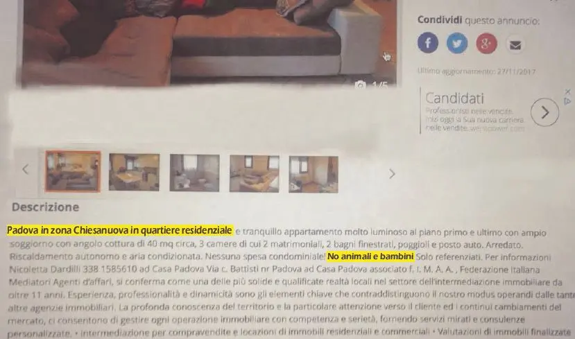 L'annuncio on-line pubblicato dall'agenzia immobiliare