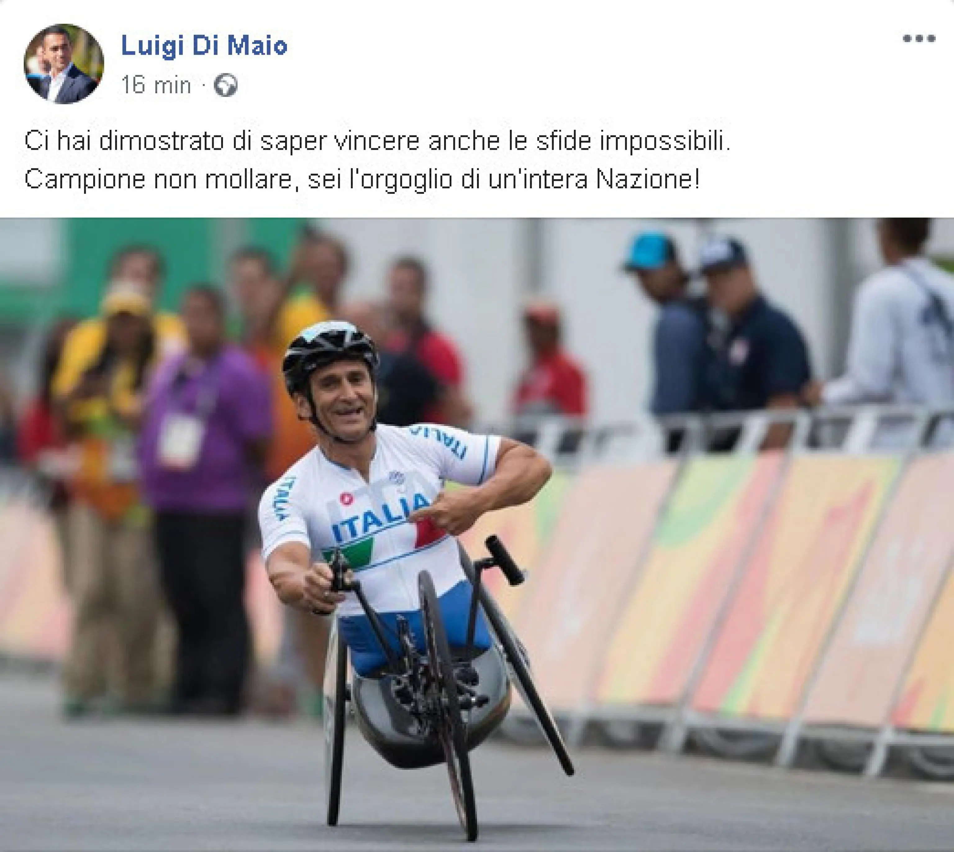 Un post tratto dal profilo Facebook del ministro degli Esteri Luigi Di Maio: "Ci hai dimostrato di saper vincere anche le sfide impossibili. Campione non mollare, sei l'orgoglio di un'intera Nazione!" FACEBOOK LUIGI DI MAIO +++ATTENZIONE LA FOTO NON PUO' ESSERE PUBBLICATA O RIPRODOTTA SENZA L'AUTORIZZAZIONE DELLA FONTE DI ORIGINE CUI SI RINVIA+++