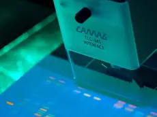 Thin_layer chromatography. Glowing bands, under fluorescent lighting, indicating resolved chemical components on a thin_layer chromatography TLC plate...