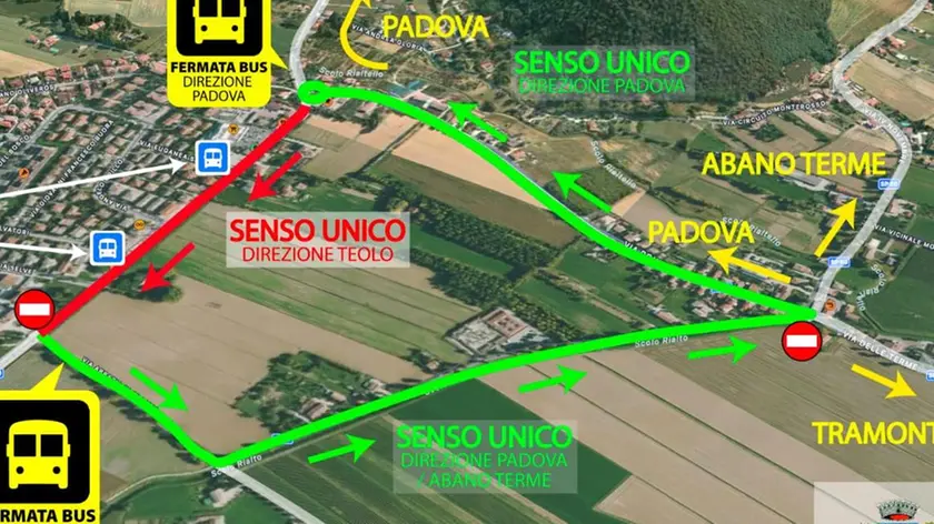 La mappa delle deviazioni predisposte a causa dei lavori sulla strada provinciale dei Colli