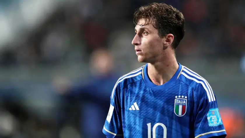 epa10665892 Tommaso Baldanzi of Italy reacts during the FIFA U-20 World Cup round of 16 soccer match between England and Italy at in La Plata, Argentina, 31 May 2023. EPA/Demian Alday Estevez