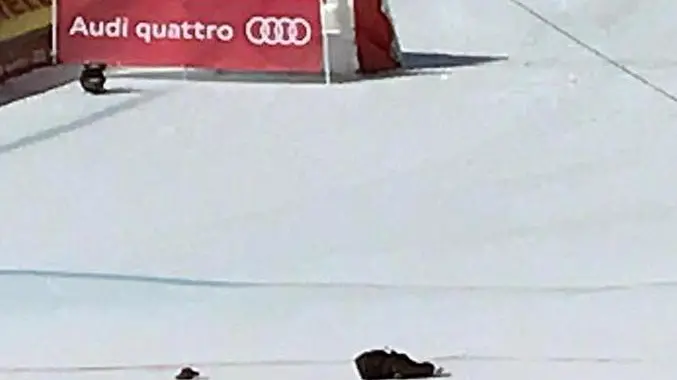 La telecamera fly caduta sulla neve in mezzo al traguardo dello slalom gigante ai mondiali di St Moritz dopo che un aereo della pattuglia nazionale svizzera in volo sulla zona ha tranciato il cavo che la sosteneva lungo tutto il tracciato di gara. St Moritz, 17 febbraio 2017. ANSA/ TONY VISENTINI