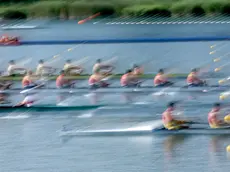 epaselect epa11515113 Boats compete in the Men's Eight Repechages of the Rowing competitions in the Paris 2024 Olympic Games, at the Vaires-sur-Marne Nautical Stadium in Vaires-sur-Marne, France, 01 August 2024. EPA/MAXIM SHIPENKOV