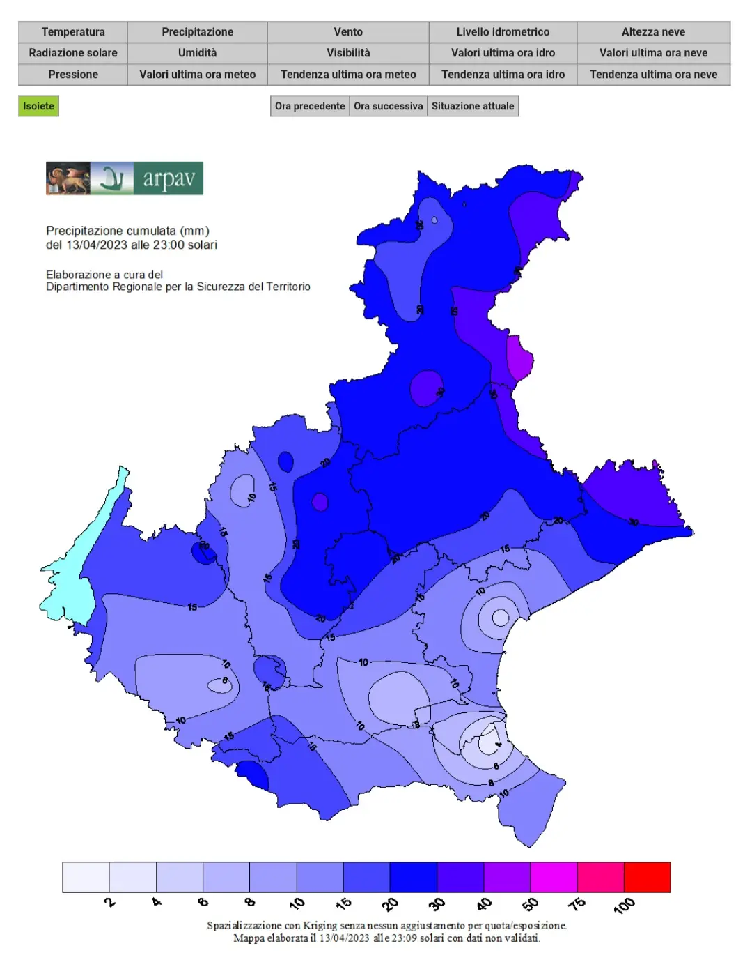 La mappa evidenzia le precipitazioni nella giornata del 13 aprile