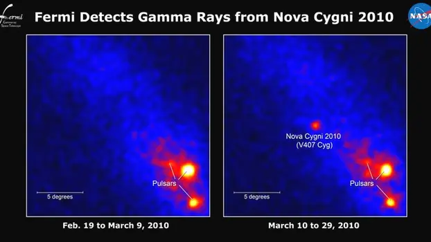 (EMBARGO ALLE 20,00 DI OGGI) Le stelle ''novae'', ossia le nuove stelle che sembrano improvvisamente accendersi nella galassia e che hanno fatto la storia dell'astronomia, potrebbero essere l'effetto di reazioni termonucleari. Lo suggeriscono, su Science, i dati del satellite della Nasa Fermi, cui l'Italia partecipa con Agenzia Spaziale Italiana (Asi), Istituto Nazionale di Fisica Nucleare (Infn) e Istituto Nazionale di Astrofisica (Inaf). ANSA/NASA EDITORIAL USE ONLY - NO SALES (EMBARGO ALLE 20,00 DI OGGI)