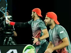 epa11108128 Simone Bolelli (R) and Andrea Vavassori (L) of Italy in action during their Men’s Doubles final against Rohan Bopanna of India and Matthew Ebden of Australia on Day 14 of the Australian Open tennis tournament in Melbourne, Australia, 27 January 2024. EPA/MAST IRHAM