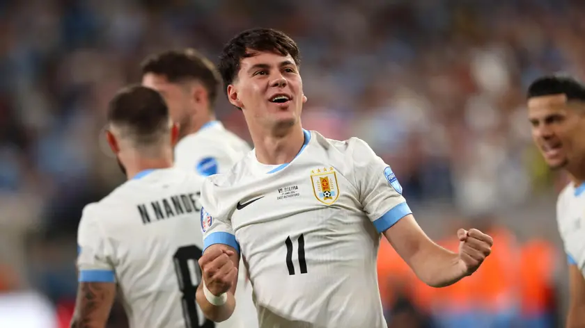 epa11442400 Uruguay midfielder Facundo Pellistri celebrates his goal during the first half of a CONMEBOL Copa America 2024 group C match against Bolivia, in East Rutherford, New Jersey, USA, 27 June 2024. EPA/JUSTIN LANE