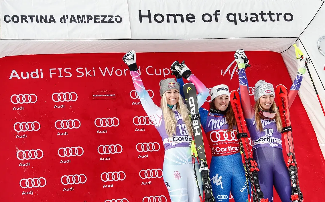 Ski World Cup 2017/2018, Cortina (ITA), 19/01/2018, Sofia Goggia (ITA), Lindsey Vonn (USA), Mikaela Shiffrin (USA), Photo by Gabriele Facciotti, Pentaphoto